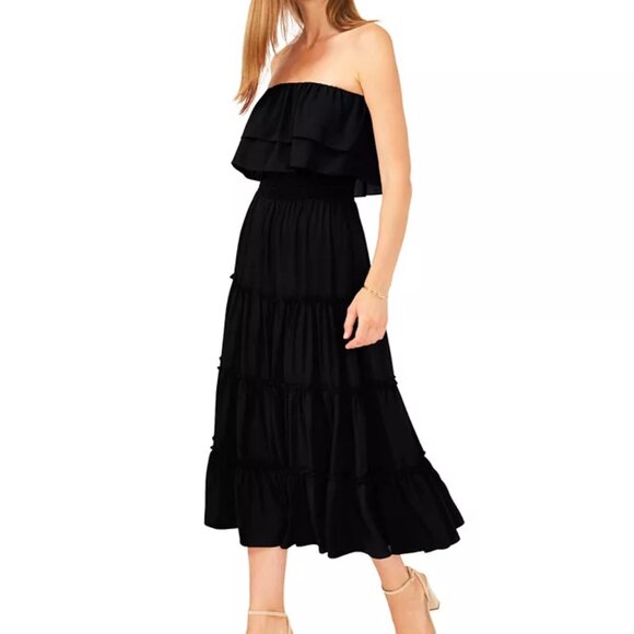 1.STATE | Women's Strapless Ruffle Tiered Maxi Midi Dress Navy Blue Medium - Picture 3 of 10